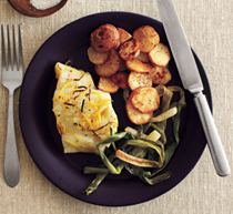 Roasted cod and scallions with spiced potatoes