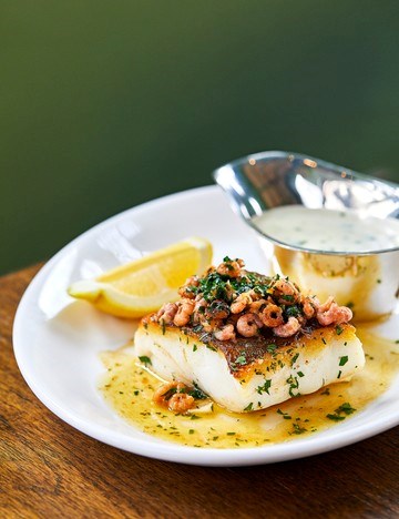 Roasted cod, brown shrimp and parsley sauce
