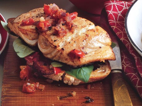 Roasted cod on large garlic croutons