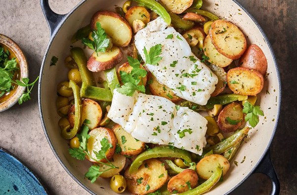 Roasted cod, peppers & potatoes with olives
