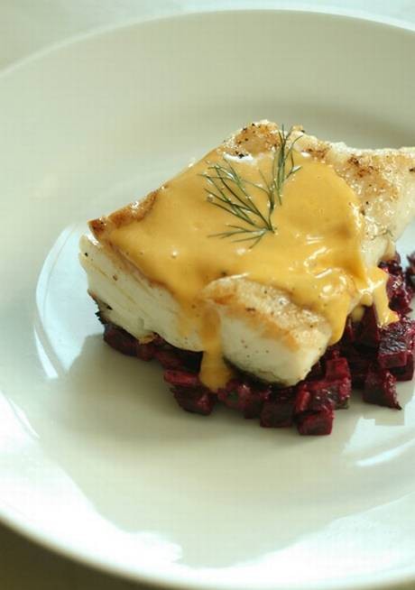 Roasted cod with a warm Russian salad and aioli