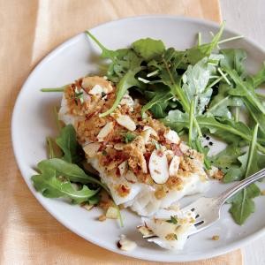 Roasted cod with almond-thyme breadcrumbs