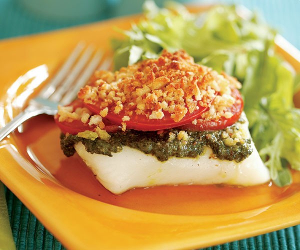 Roasted cod with basil pesto and garlic breadcrumbs