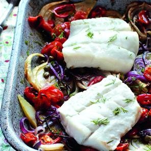 Roasted cod with fennel, red onion and balsamic tomatoes