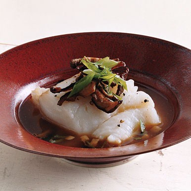 Roasted cod with shiitakes in miso broth