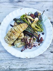 Roasted concertina squid with grilled leeks and a warm chorizo dressing