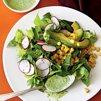 Roasted corn and radish salad with avocado-herb dressing