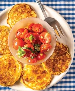 Roasted corn pancakes with cherry tomato salsa and goat cheese