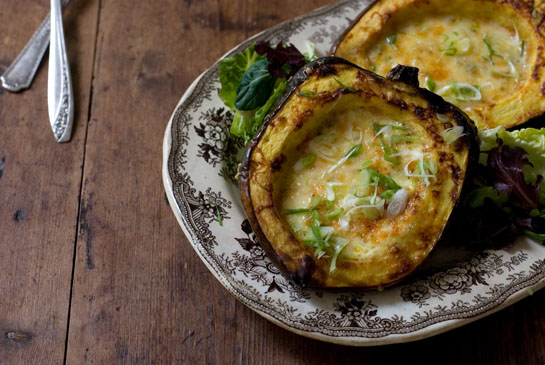 Roasted corn pudding in acorn squash