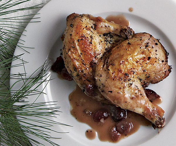 Roasted Cornish game hens with cranberry-Port sauce