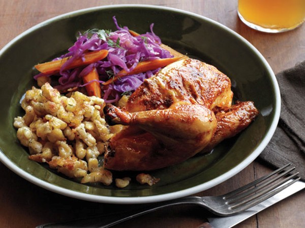 Roasted Cornish game hens with pumpkin seed pesto