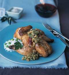 Roasted cornish hends with toasted bread crumb salsa