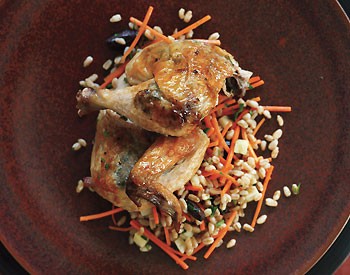 Roasted Cornish hens with black-olive butter