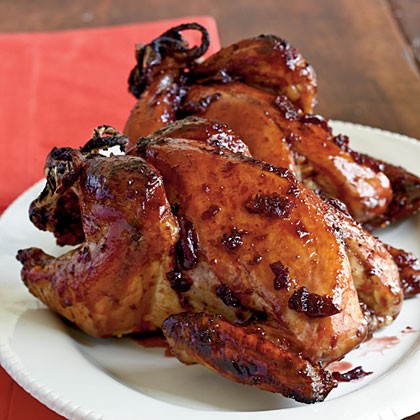 Roasted Cornish hens with cherry-Port glaze