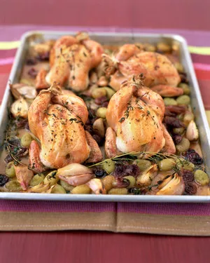 Roasted Cornish hens with grapes