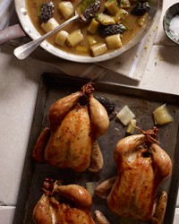Roasted Cornish hens with morels and leeks