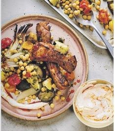 Roasted courgette, aubergine, tomatoes & chickpeas with harissa glazed lamb