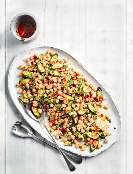 Roasted courgette, chickpea and lemon salad
