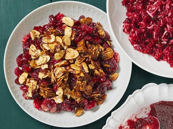 Roasted cranberry sauce with almond brittle