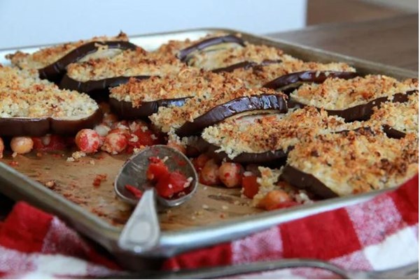 Roasted crisp-topped eggplant with chickpeas