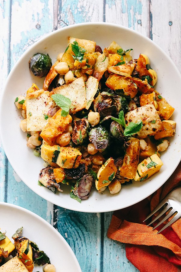 Roasted delicata squash and Brussels sprout fall-toush salad