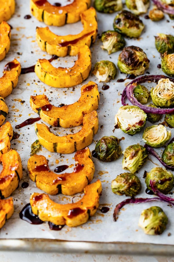 Roasted delicata squash and Brussels sprouts 