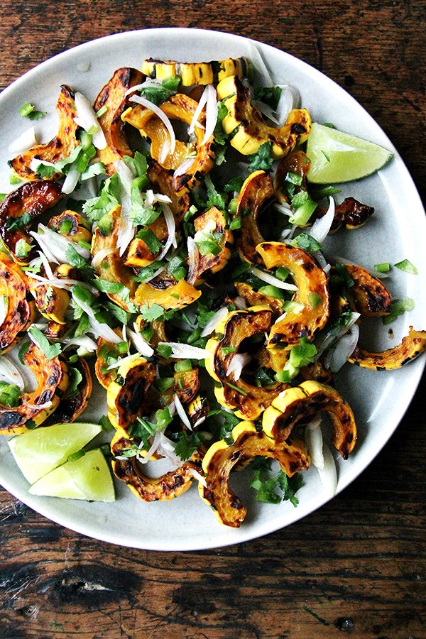 Roasted delicata squash with chilies, lime & cilantro