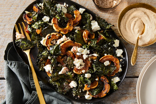 Roasted delicata squash with crunchy kale & feta