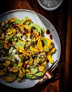 Roasted delicata squash with herbed yogurt dressing
