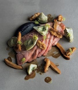 Roasted duck with mushroom, cuttlefish and kombu gel