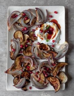 Roasted eggplant & red onion with yogurt dipping sauce