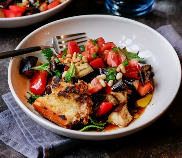 Roasted eggplant & tomato salad with caramelized lemon dressing