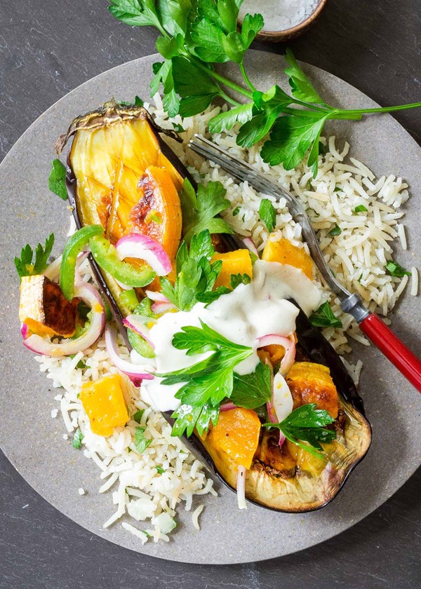 Roasted eggplant and butternut squash with tahini-yogurt sauce