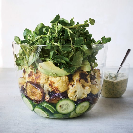 Roasted eggplant and cauliflower salad with tahini