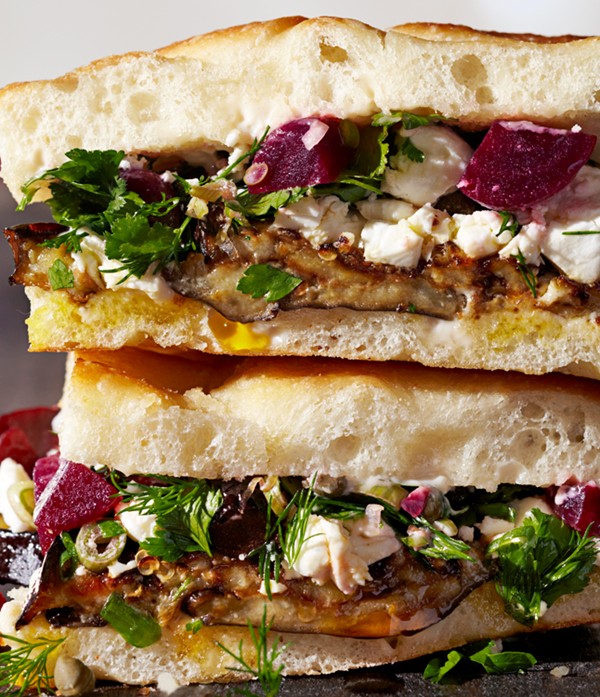 Roasted eggplant and pickled beet sandwiches