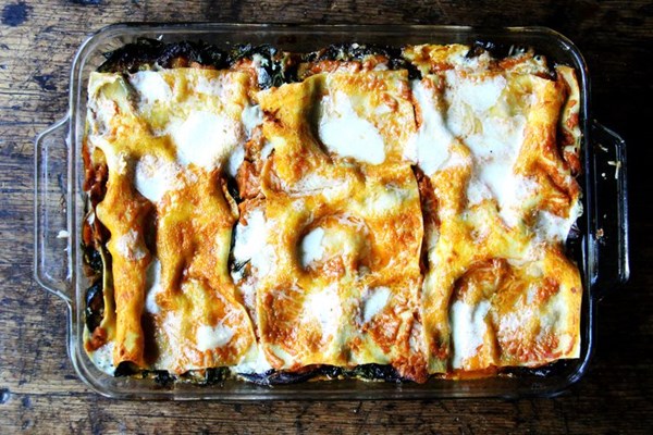 Roasted eggplant and sautéed greens lasagna