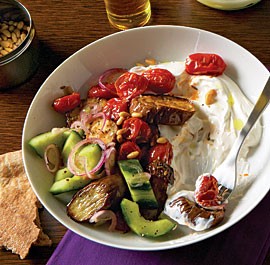 Roasted eggplant and tomatoes with tangy cucumbers and yogurt