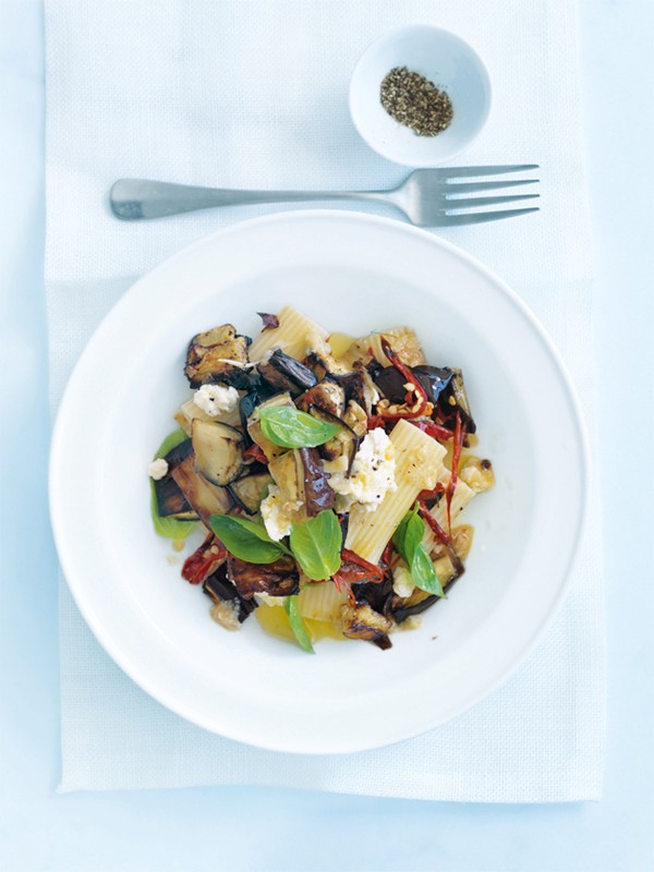 Roasted eggplant, basil and ricotta pasta