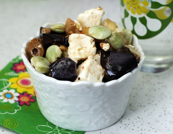 Roasted eggplant, fava bean and feta salad 