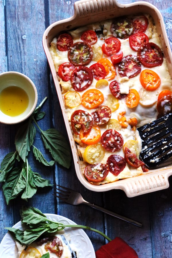 Roasted eggplant lasagna with garlic Bechamel