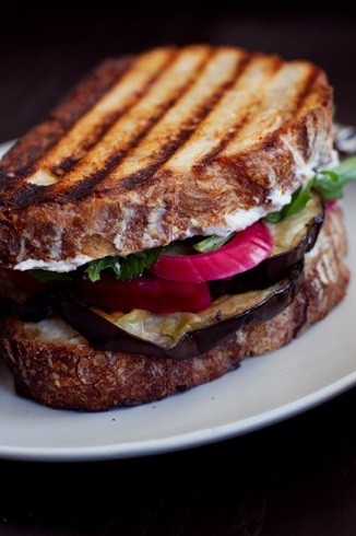 Roasted eggplant, pickled red onion and Boursin sandwiches