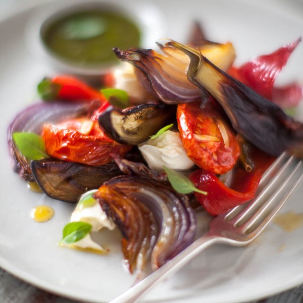 Roasted eggplant, red capsicum and tomato salad with basil and Parmesan dressing