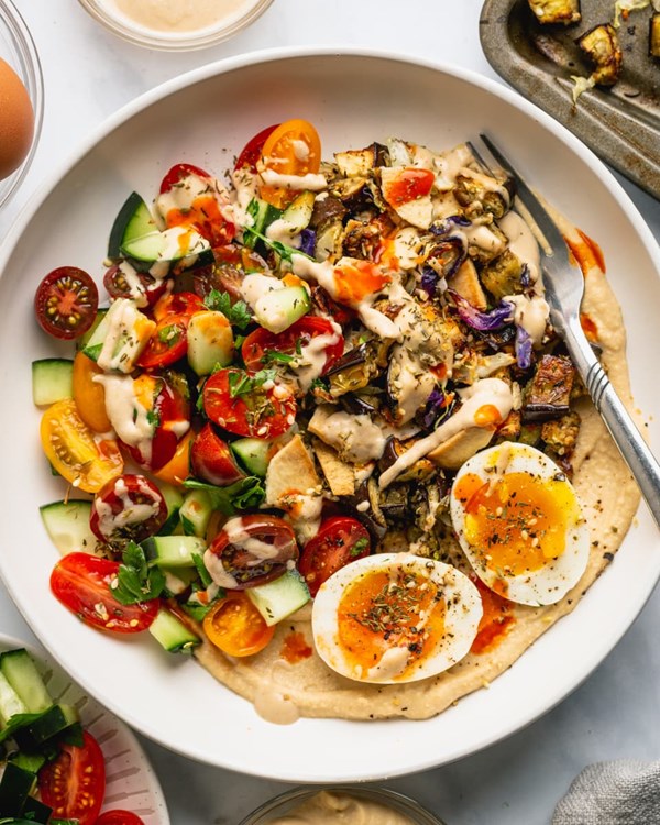Roasted eggplant sabich bowl