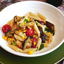 Roasted eggplant, sweetcorn and tomato pasta