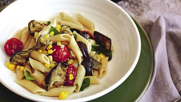 Roasted eggplant, sweetcorn and tomato pasta