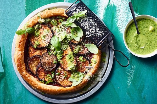 Roasted eggplant tart with chilli and basil