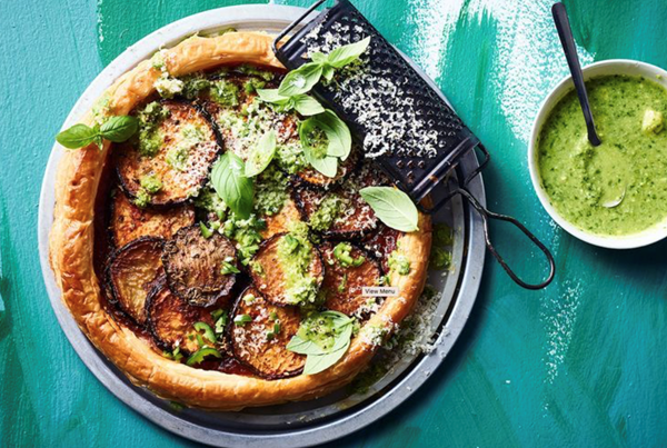 Roasted eggplant tart with chilli and basil