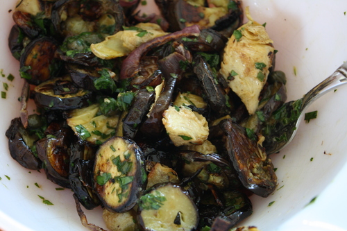 Roasted eggplant with artichoke hearts and salsa verde