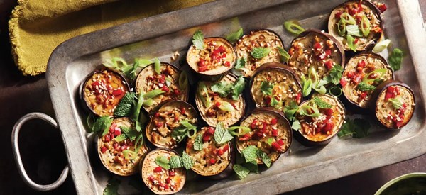 Roasted eggplant with cashews, sesame and chile