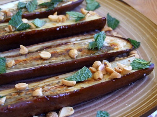 Roasted eggplant with chiles, peanuts and mint